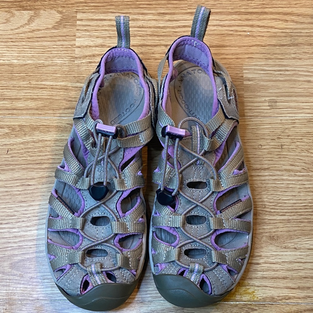 Keen Closed-Toe Hiking Sandals in Tan and Purple Accent
